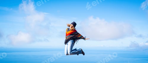 Preview: Woman overjoyed jumping crazy for happiness. Concept of freedom and joyful. Female people