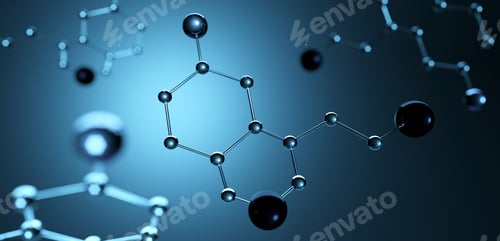 Preview: 3d illustration. Model of serotonin molecule, Hormone of Happiness
