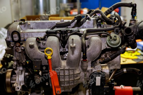 Preview: Close up shot of car engine The powerful engine of a car. Internal design of engine