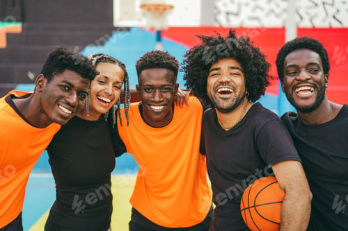 Preview: African friends playing basketball outdoor - Urban lifestyle and friendship concept