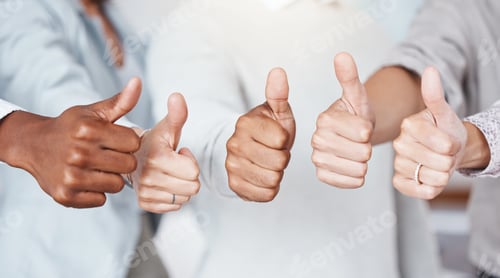 Preview: Thumbs up, diversity and a yes sign by business people in a startup company or successful marketing