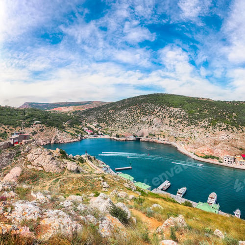 Preview: Scenic view of Balaklava bay with yachts and ruines of Genoese fortress Chembalo in Sevastopol