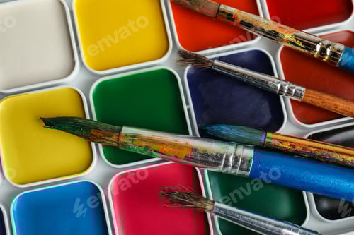 Preview: Different paint brushes on watercolor palette, top view