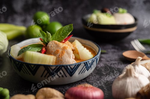 Preview: Chicken curry with winter melon, with mushroom, garlic, chilli and basil.