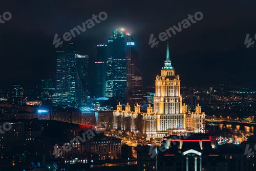 Preview: Top View to Moscow City and Hotel Ukraine from New Arbat, Russia.