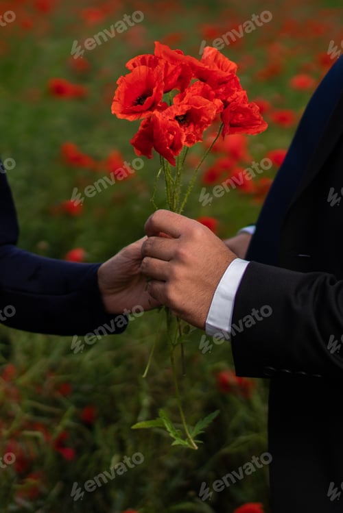 Preview: A man gives the flowers to his wife in the flower field