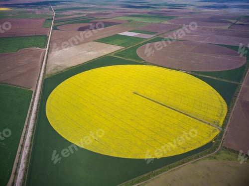 Preview: Center pivot irrigation system on a yellow rapeseed field aerial view