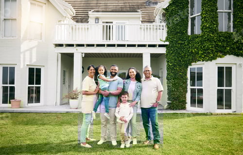 Preview: Family, outdoor house and portrait of children, grandparents and mother with father for real estate