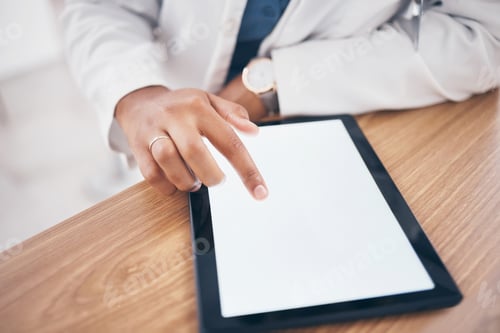 Preview: Mockup, typing and hand of doctor on a tablet for healthcare, email and online services. Research,