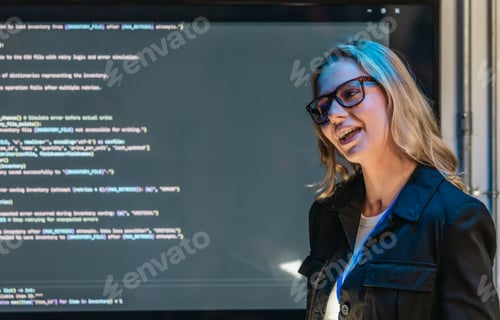 Preview: Female Software Engineer Presenting Code During Technical Meeting