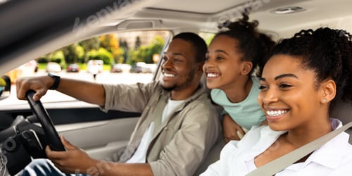 Preview: Cheerful Family Driving A Car Having Road Trip, Side View