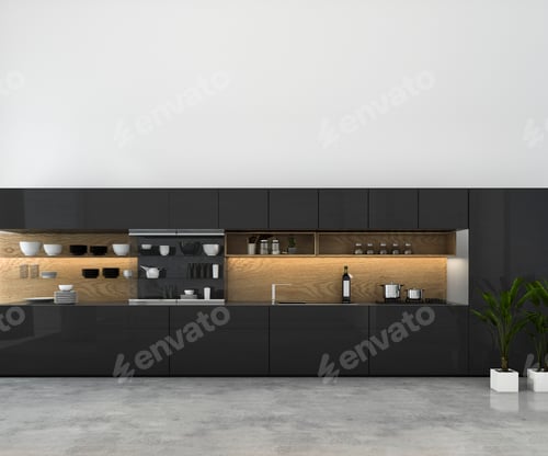 Preview: 3d rendering white minimal mock up kitchen with wood decoration