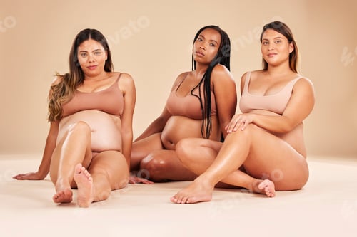 Preview: Friends portrait, sitting or pregnancy stomach in belly growth or baby healthcare wellness on studi