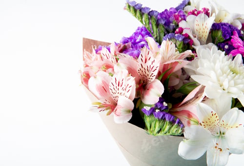 Preview: side view of a bouquet of pink white and purple color statice alstroemeria