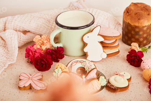 Preview: Aesthetic cozy Easter table with milk mug with glazed cookies, Cake and flowers.