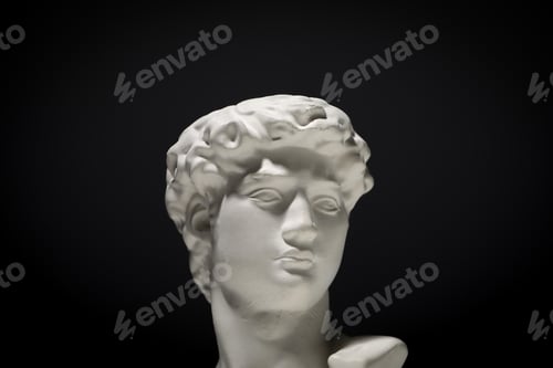 Preview: Plaster statue of the head of David on a black background