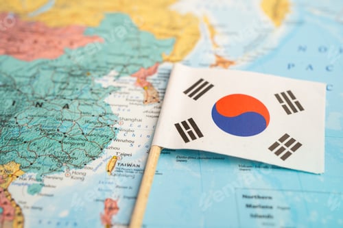 Preview: Bangkok, Thailand December 7, 2023, South Korea flag on world map.