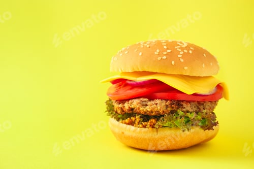 Preview: Burger (Roll, Cutlets, Cheese, Lettuce, Tomato, Onion, Sauce And More) Menu Concept. Food