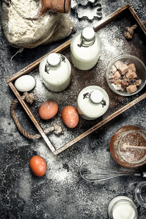 Preview: Baking background. Fresh ingredients for making dough.