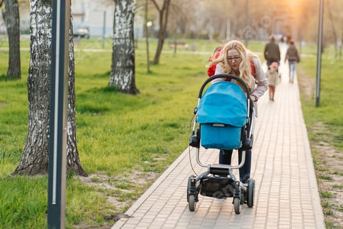 Preview: mom in glasses walks with a stroller in the park