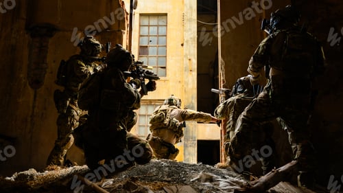 Preview: Expert team of soldiers with weapons attacking enemy during military operation, Army soldiers in