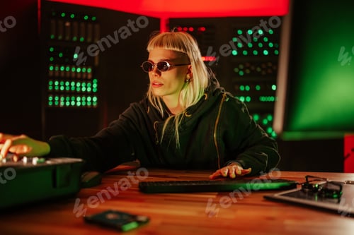 Preview: Female hacker working in server room cyberpunk style