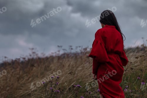 Preview: Beautiful young woman in a red dress in a field