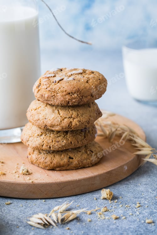 Preview: Homemade oatmeal cookies or Oatmeat biscuits with cup of milk