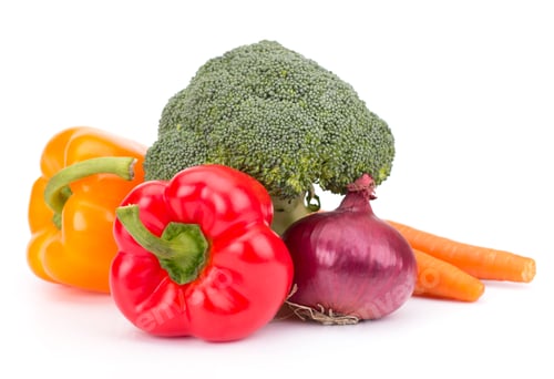 Preview: Fresh vegetables: brocolli, bell peppers, carrot, onion isolated on white background