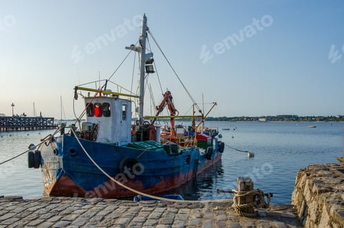 Preview: a tug boat anchored at a harbor, no person