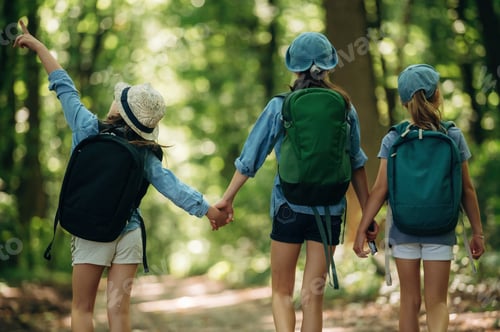 Preview: Rear view, walking. Girls kids are in the forest, hike conception
