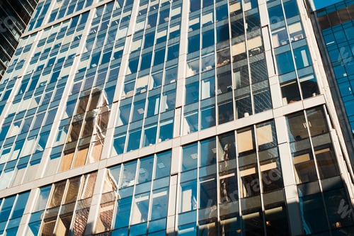 Preview: Business office in downtown, skyscraper, high-rise building exterior with reflection, bottom-up view