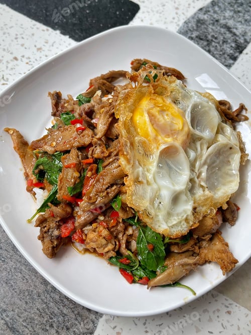 Preview: Stir fried Fried Duck Grilled with holy basil served with rice and a fried egg on top of rice, Thai