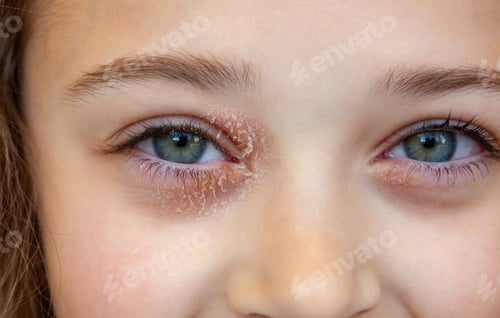 Preview: Eye of a little girl suffering from ocular atopic dermatitis or eyelid eczema.