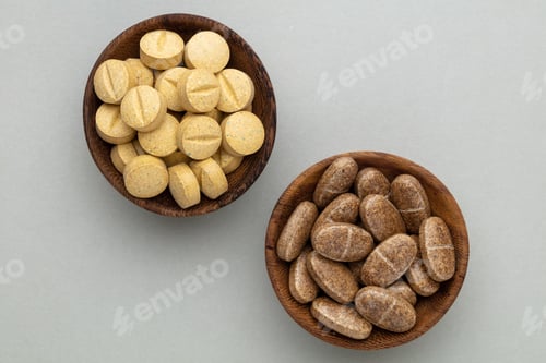 Preview: Alternative medicine tablets on a wooden spoon.