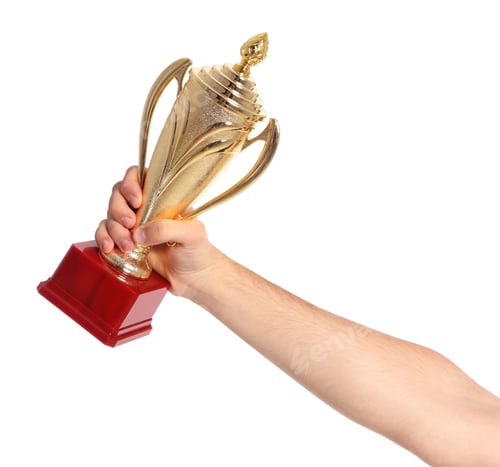 Preview: Young man holding gold trophy cup on white background, closeup