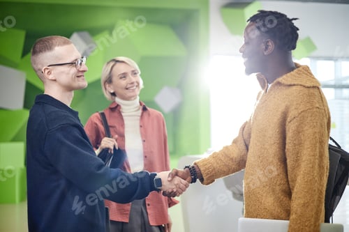 Preview: Young Caucasian Man Shaking Hands with Young Black Man While Smiling Indoors