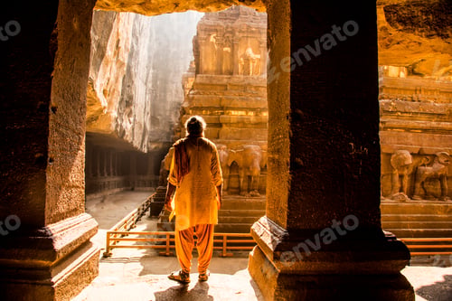 Preview: Hindu Sadhu the holy men visiting the Kailasa Temple, Ellora caves, UNESCO world heritage side.