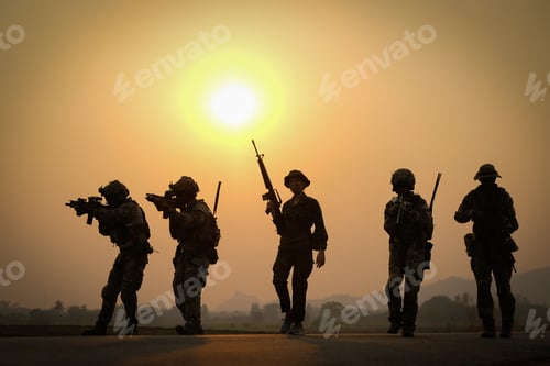 Preview: Silhouette of group of soldier hold the weapon and walk along the road with sunset in the back.