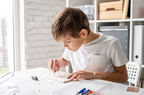 Vista previa: niño trabajando con luces LED en placa experimental para proyecto científico