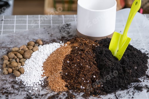 Preview: Ingredients for the soil of home potted plants, peat, earth, sand, perlite, vermiculite, coconut. A