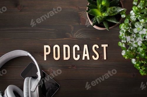 Preview: podcast word text concept modern wireless headphones smartphone
