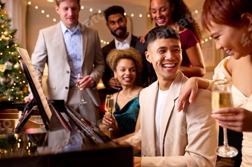 Preview: Group Of Friends Around Piano Celebrating At Christmas Or New Year Party Together