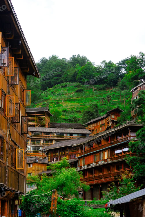 Preview: Beautiful shot of the old traditional houses in Langde Miao Ethnic Minority Village, Guizhou, China