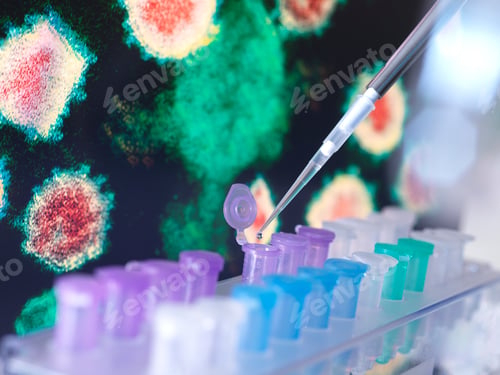 Preview: Science in action pipette adding sample to test tubes with a virus backdrop.