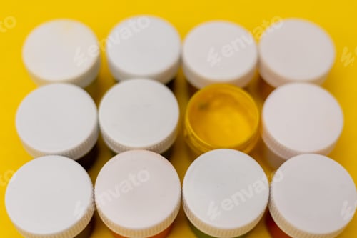 Preview: Yellow paint on a background of white lids from other cans of paint on a yellow background.