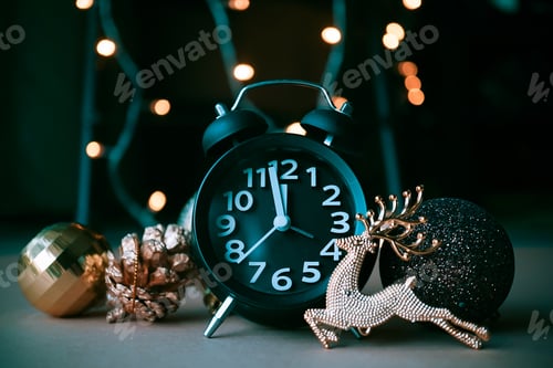 Preview: Christmas Decoration, Light Bokeh And Alarm Clock For Christmas And New Year Concept Background