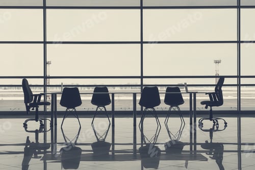 Preview: Workplace In Business Center With Table And Chairs Inside. Room Is Free From People
