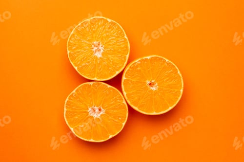 Preview: Tangerine on an orange background, fruit flatlay, summer minimal compositon