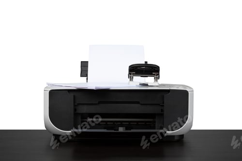 Preview: Laser home printer on table against white backgorund
